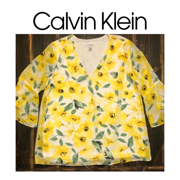 Calvin Klein 🌼 Floral Print V-Neck Chiffon 3/4 Ruffle Sleeve Top Size Large - Picture 2 of 7